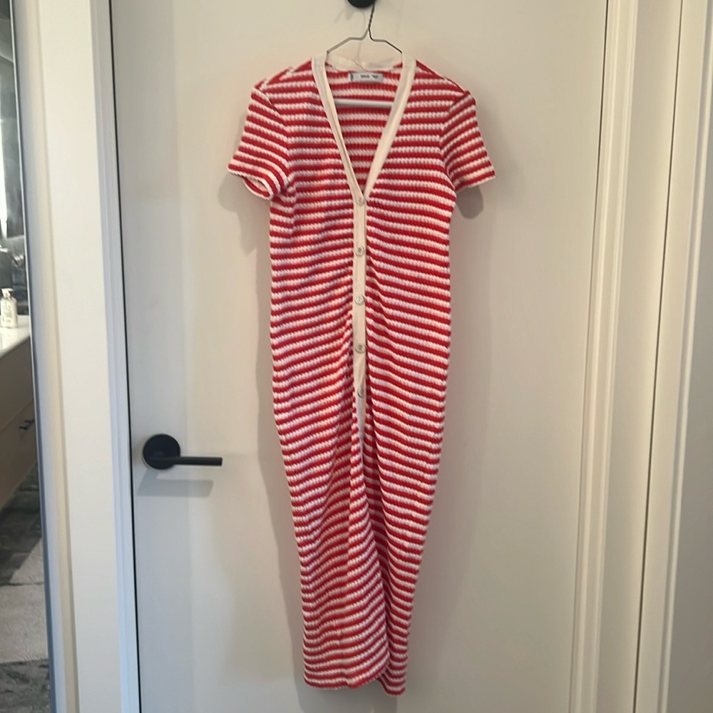 Mango red striped cotton crinkled midi dress size medium